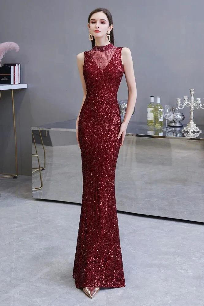 Elegant Illusion Neck Burgundy Sleeveless Mermaid Prom Dress - Image 2