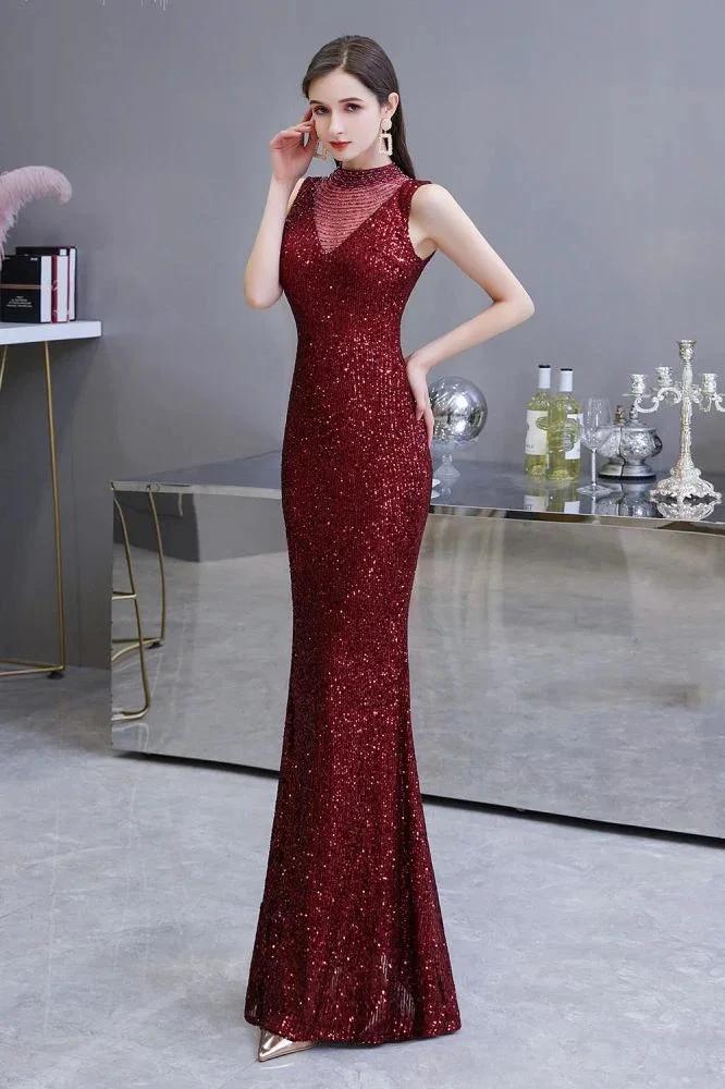 Elegant Illusion Neck Burgundy Sleeveless Mermaid Prom Dress - Image 3