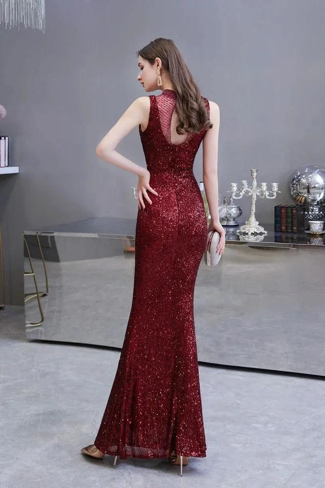 Elegant Illusion Neck Burgundy Sleeveless Mermaid Prom Dress - Image 4