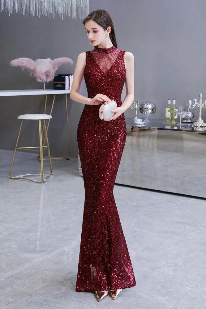 Elegant Illusion Neck Burgundy Sleeveless Mermaid Prom Dress - Image 5