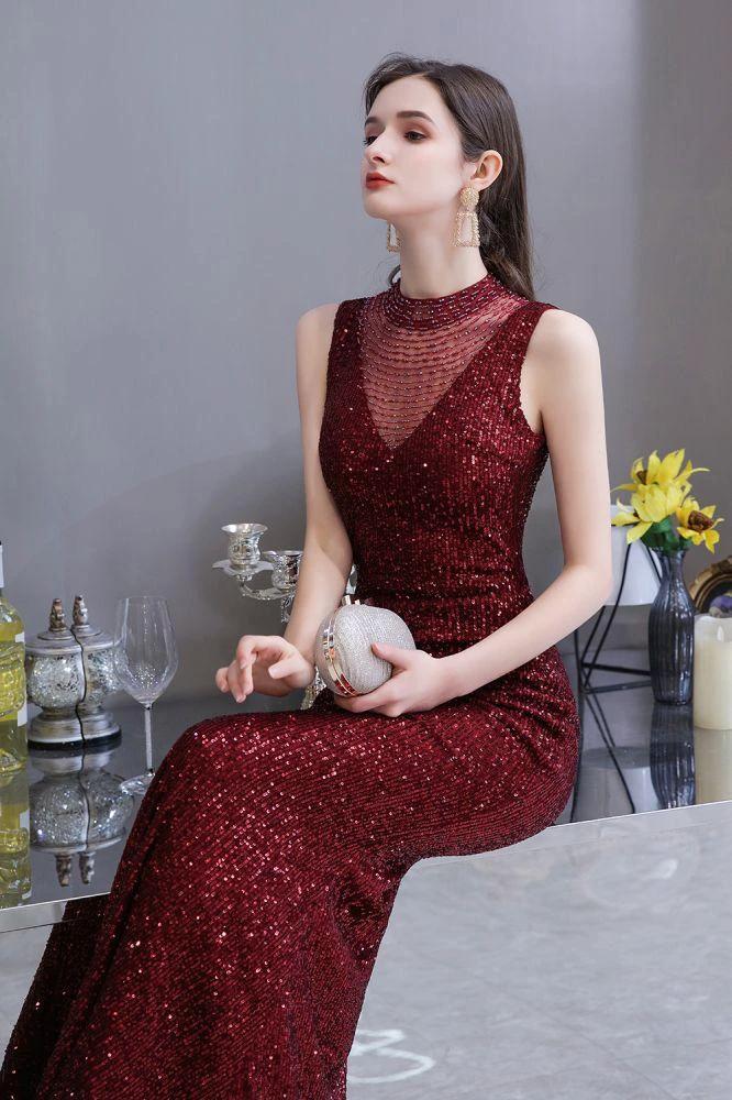 Elegant Illusion Neck Burgundy Sleeveless Mermaid Prom Dress - Image 6