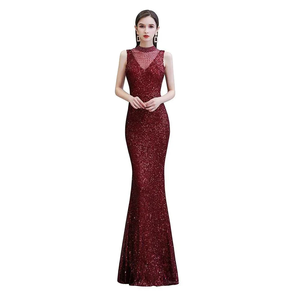 Elegant Illusion Neck Burgundy Sleeveless Mermaid Prom Dress - Image 7