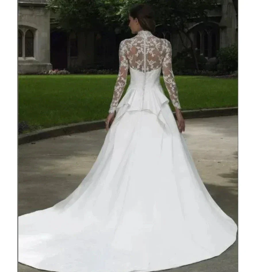 Elegant Italian white bridal dress V-neck stand-up collar lace applique long sleeve satin button Saudi Arabian trouw jurken dame - Image 2
