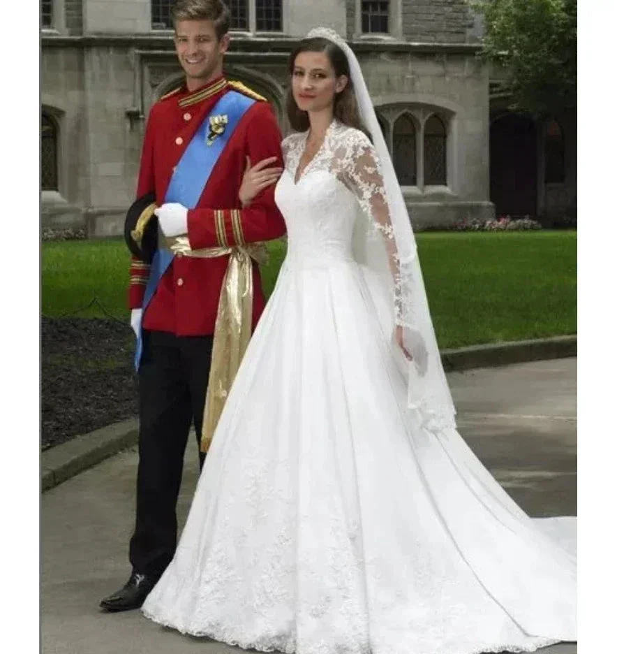 Elegant Italian white bridal dress V-neck stand-up collar lace applique long sleeve satin button Saudi Arabian trouw jurken dame - Image 3
