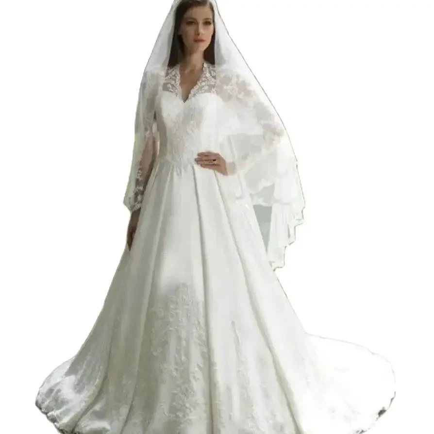 Elegant Italian white bridal dress V-neck stand-up collar lace applique long sleeve satin button Saudi Arabian trouw jurken dame - Image 4