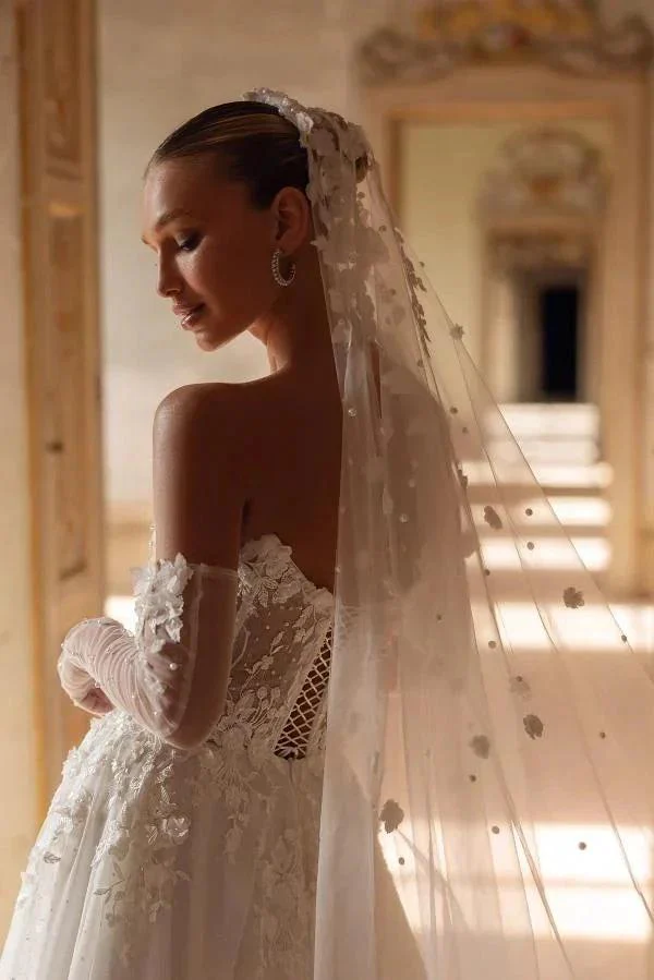Elegant Ivory Long A-Line Strapless Lace Sweetheart Wedding Dresses - Image 2
