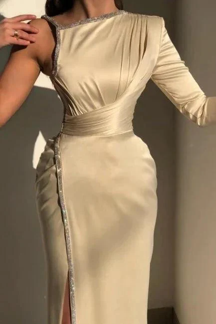 Elegant Ivory One-shoulder Long-Sleeve Sheath Prom Dresses with Sequins - Image 3