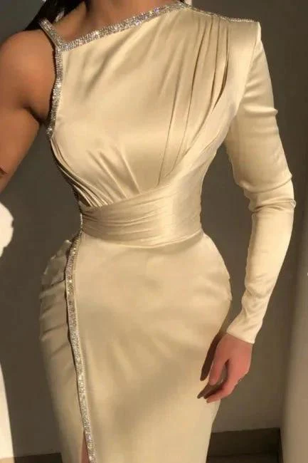 Elegant Ivory One-shoulder Long-Sleeve Sheath Prom Dresses with Sequins - Image 4