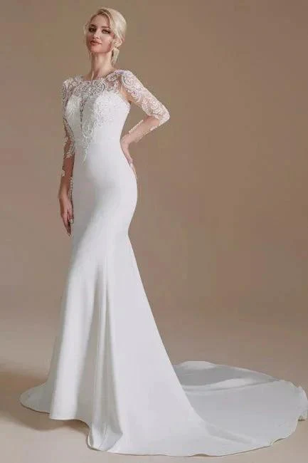 Elegant Jewel Long-Sleeve Mermaid Floor-Length Satin Wedding Dresses with Pattern - Image 2