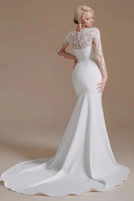 Elegant Jewel Long-Sleeve Mermaid Floor-Length Satin Wedding Dresses with Pattern - Image 3