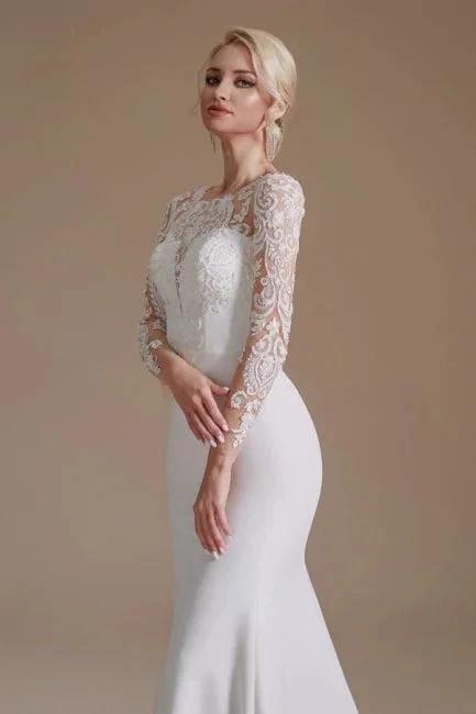 Elegant Jewel Long-Sleeve Mermaid Floor-Length Satin Wedding Dresses with Pattern - Image 4