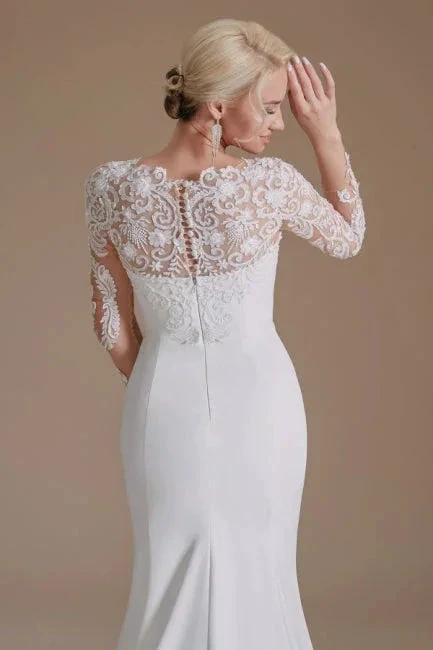 Elegant Jewel Long-Sleeve Mermaid Floor-Length Satin Wedding Dresses with Pattern - Image 5