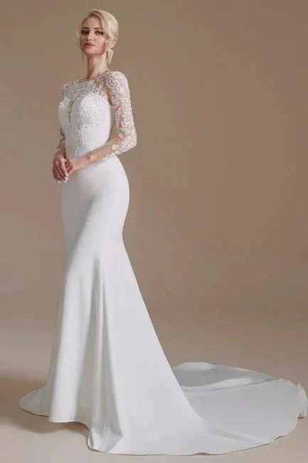 Elegant Jewel Long-Sleeve Mermaid Floor-Length Satin Wedding Dresses with Pattern - Image 6