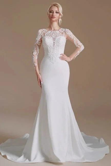 Elegant Jewel Long-Sleeve Mermaid Floor-Length Satin Wedding Dresses with Pattern - Image 8
