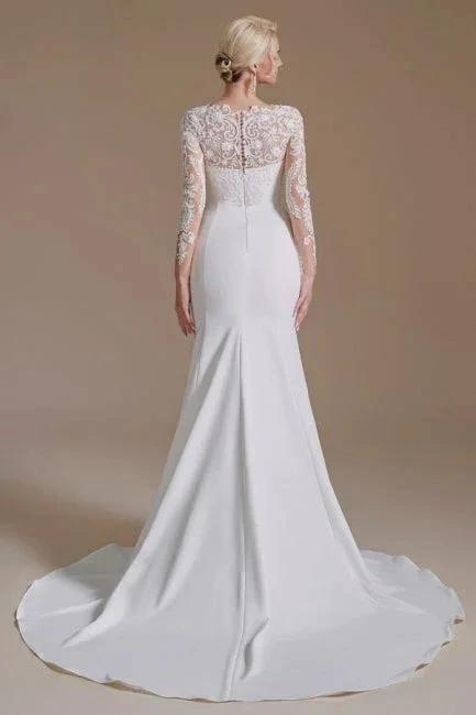 Elegant Jewel Long-Sleeve Mermaid Floor-Length Satin Wedding Dresses with Pattern - Image 9