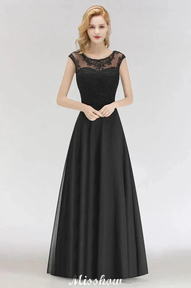 Elegant Jewel Sleeveless floor-Length A-line Lace Black Bridesmaid Dress - Image 3