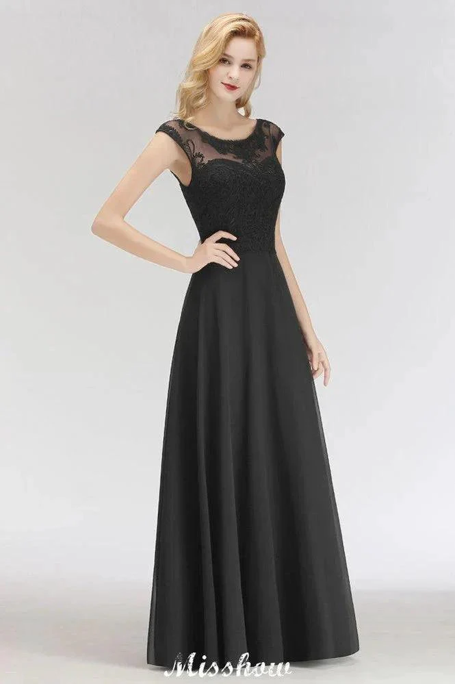 Elegant Jewel Sleeveless floor-Length A-line Lace Black Bridesmaid Dress - Image 4