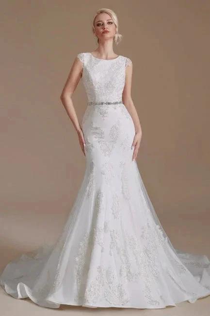 Elegant Jewel Sleeveless Mermaid Floor-Length Satin Wedding Dresses with Lace - Image 2