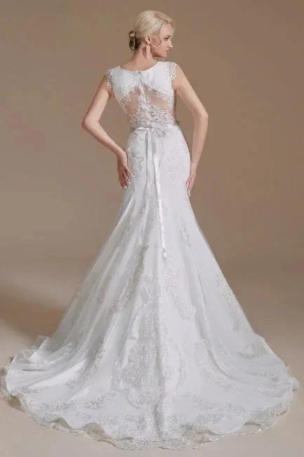Elegant Jewel Sleeveless Mermaid Floor-Length Satin Wedding Dresses with Lace - Image 3