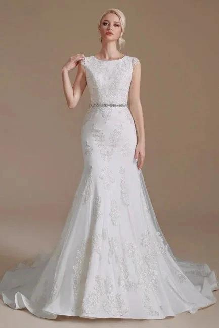 Elegant Jewel Sleeveless Mermaid Floor-Length Satin Wedding Dresses with Lace - Image 7
