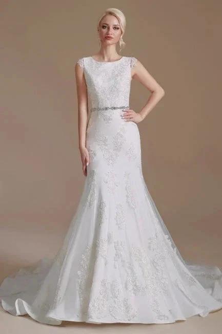 Elegant Jewel Sleeveless Mermaid Floor-Length Satin Wedding Dresses with Lace - Image 8