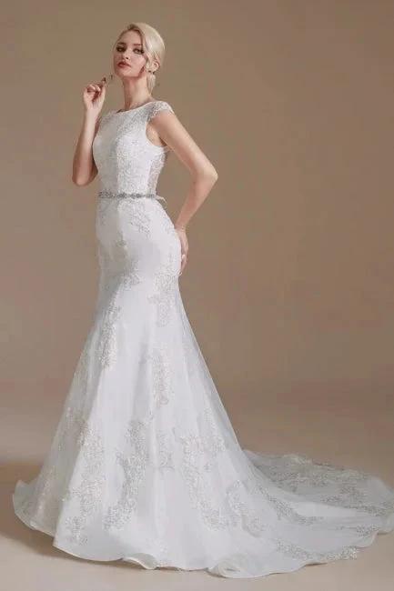 Elegant Jewel Sleeveless Mermaid Floor-Length Satin Wedding Dresses with Lace - Image 9