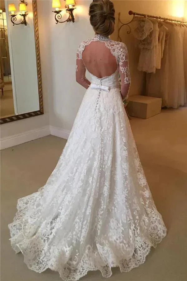 Elegant Lace A-line Long Sleeve High Neck Wedding Dresses WD032 - Image 2