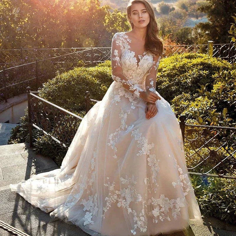 Elegant Lace A-line Wedding Dress Full Sleeves Court Train O-neck Buttons Vestido De Novia Bridal Gown Custom Made - Image 2