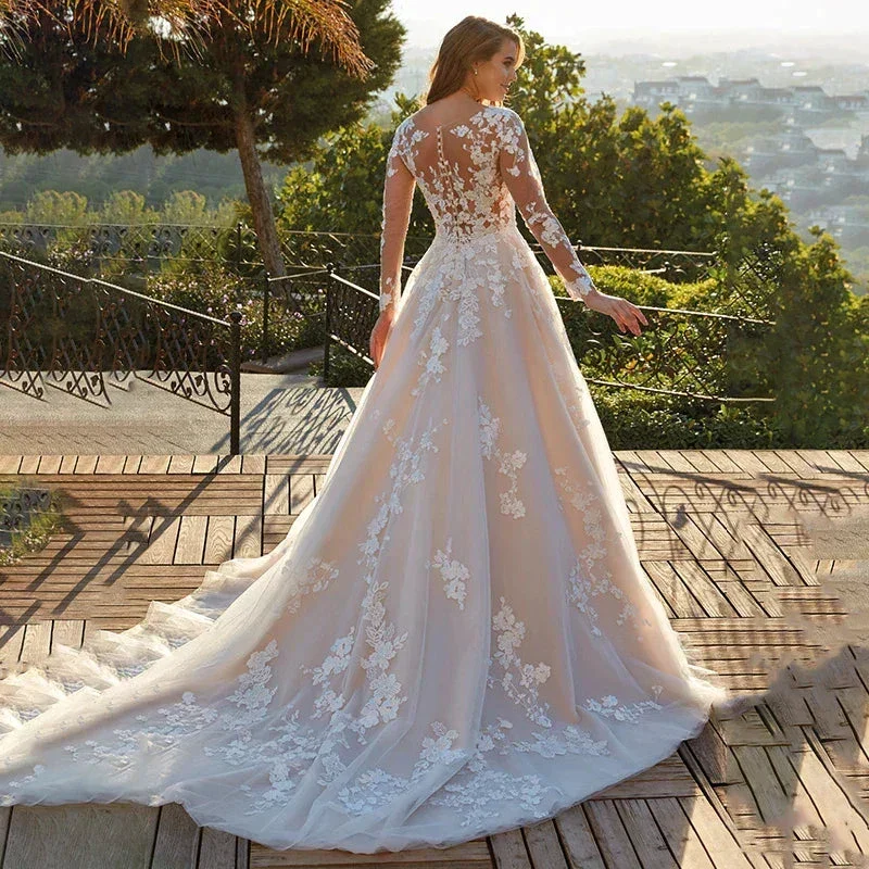 Elegant Lace A-line Wedding Dress Full Sleeves Court Train O-neck Buttons Vestido De Novia Bridal Gown Custom Made - Image 3