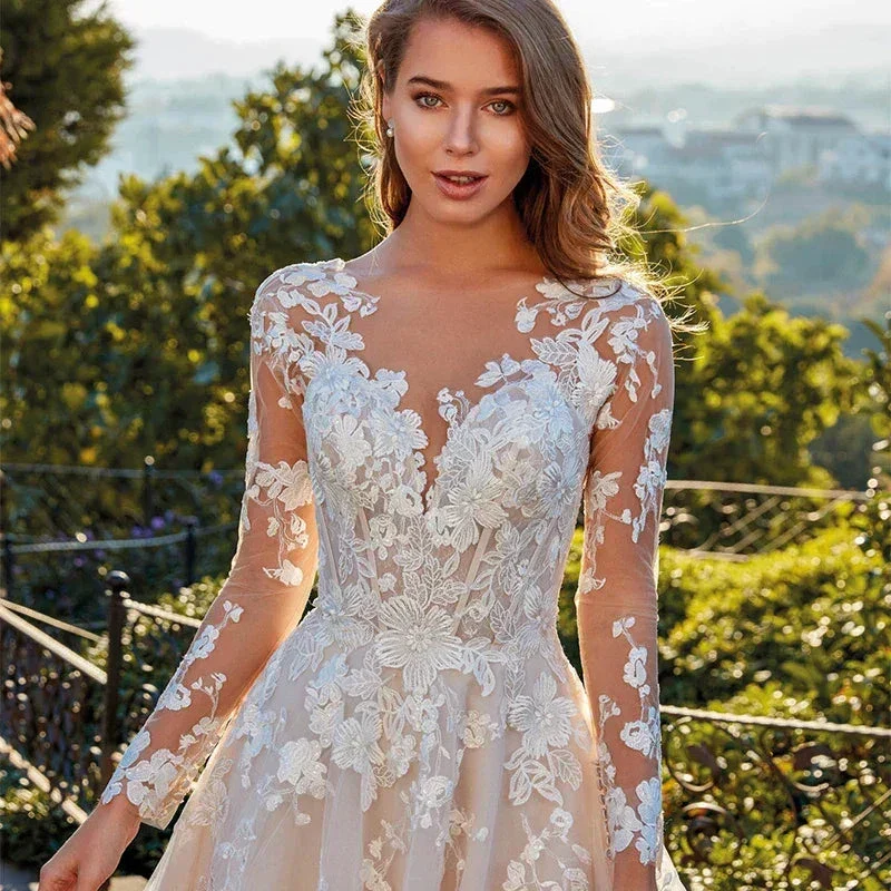 Elegant Lace A-line Wedding Dress Full Sleeves Court Train O-neck Buttons Vestido De Novia Bridal Gown Custom Made - Image 4