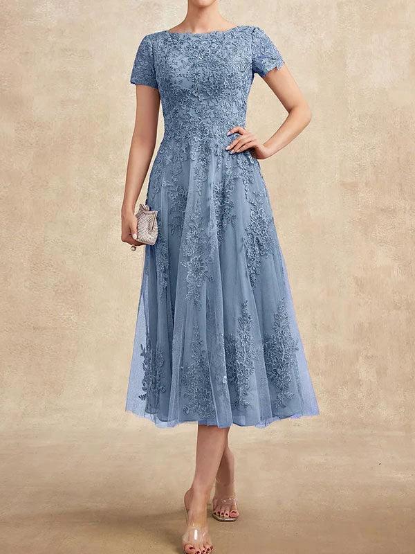 A-line Scoop Tea-Length Tulle Lace Mother of the Bride Dress - Image 10