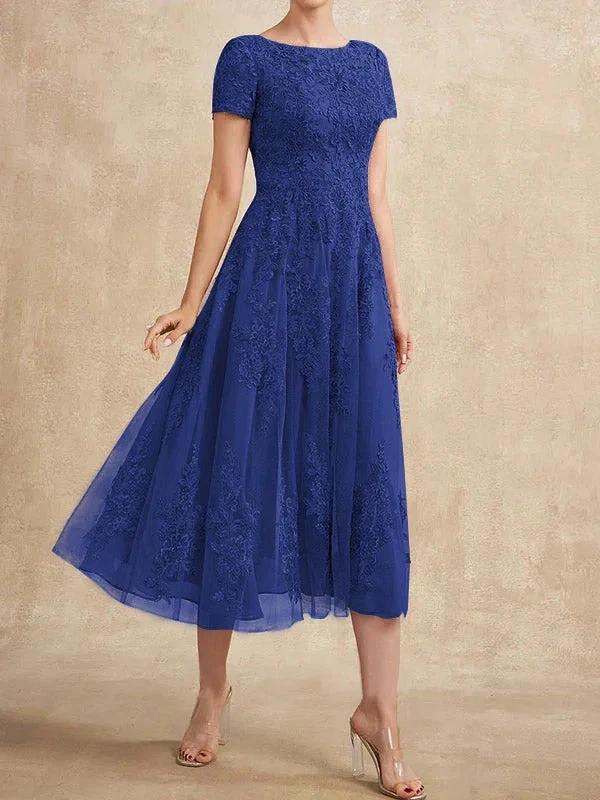 A-line Scoop Tea-Length Tulle Lace Mother of the Bride Dress - Image 14