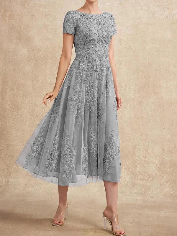 A-line Scoop Tea-Length Tulle Lace Mother of the Bride Dress - Image 15