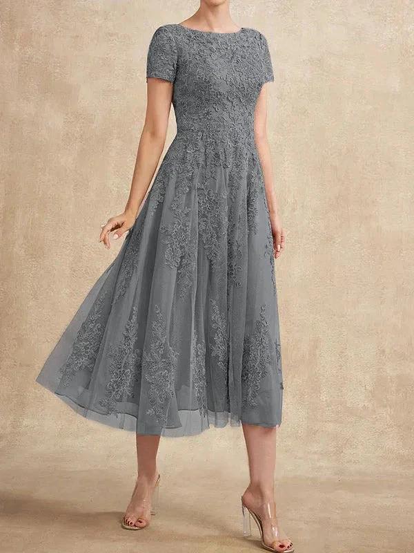 A-line Scoop Tea-Length Tulle Lace Mother of the Bride Dress - Image 16