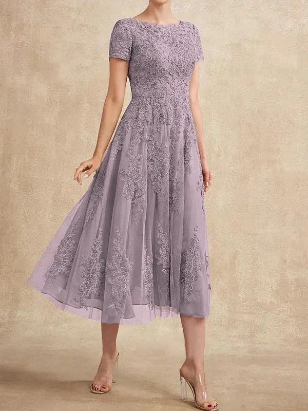 A-line Scoop Tea-Length Tulle Lace Mother of the Bride Dress - Image 19