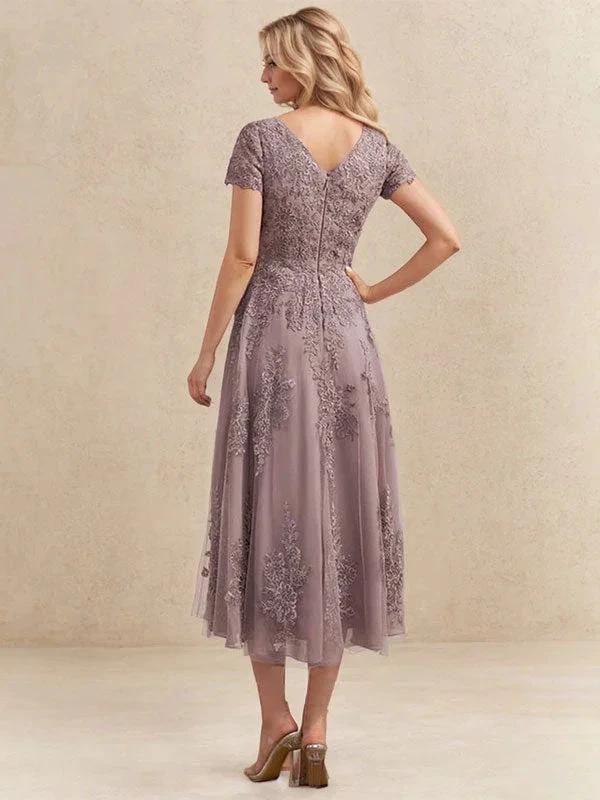 A-line Scoop Tea-Length Tulle Lace Mother of the Bride Dress - Image 2