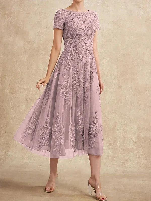 A-line Scoop Tea-Length Tulle Lace Mother of the Bride Dress - Image 20