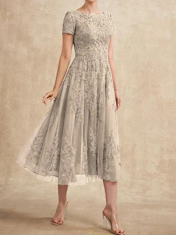 A-line Scoop Tea-Length Tulle Lace Mother of the Bride Dress - Image 21