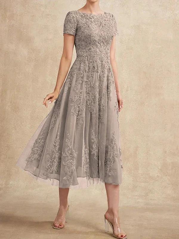 A-line Scoop Tea-Length Tulle Lace Mother of the Bride Dress - Image 22