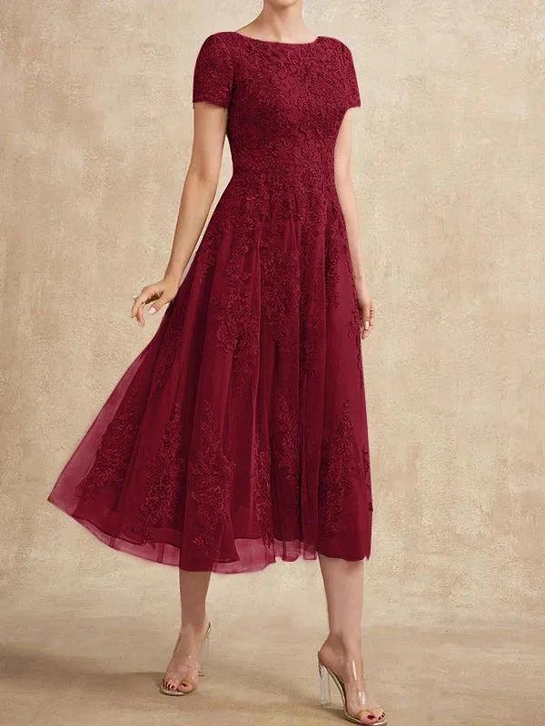 A-line Scoop Tea-Length Tulle Lace Mother of the Bride Dress - Image 23
