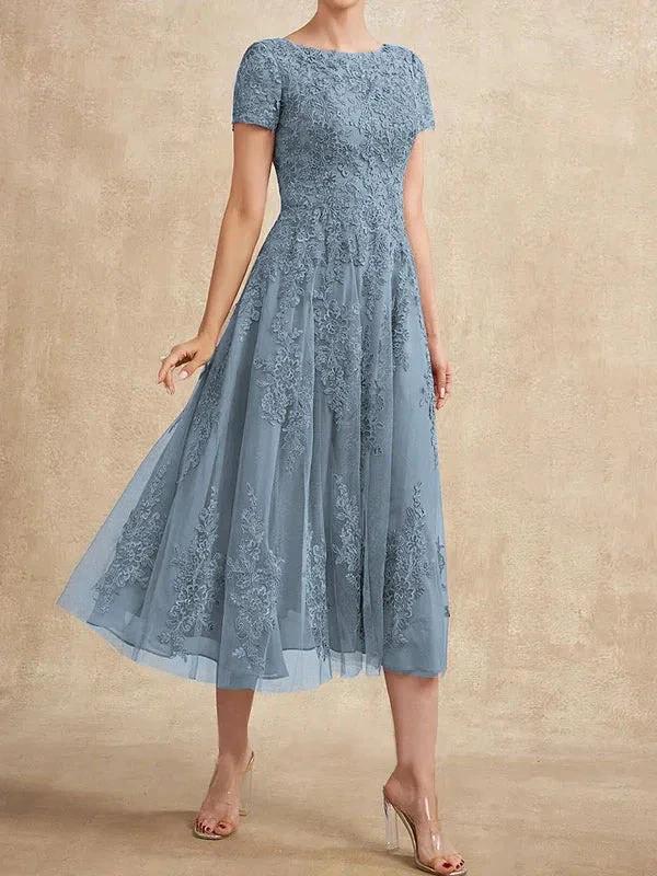 A-line Scoop Tea-Length Tulle Lace Mother of the Bride Dress - Image 24
