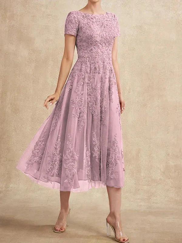 A-line Scoop Tea-Length Tulle Lace Mother of the Bride Dress - Image 27