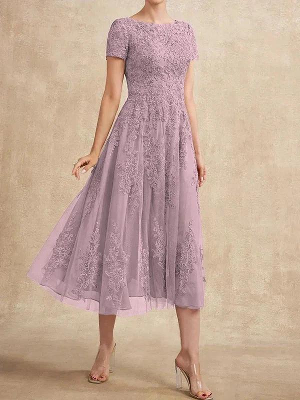 A-line Scoop Tea-Length Tulle Lace Mother of the Bride Dress - Image 29