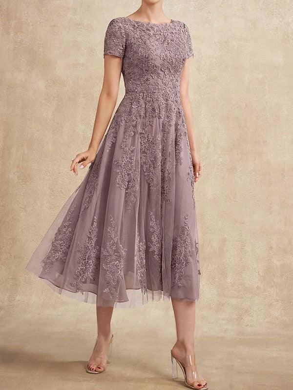 A-line Scoop Tea-Length Tulle Lace Mother of the Bride Dress - Image 3