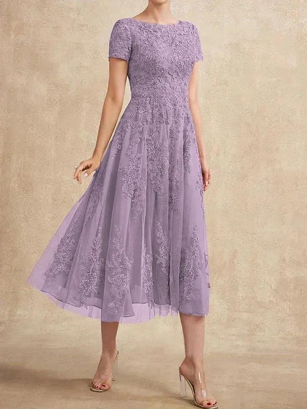 A-line Scoop Tea-Length Tulle Lace Mother of the Bride Dress - Image 30