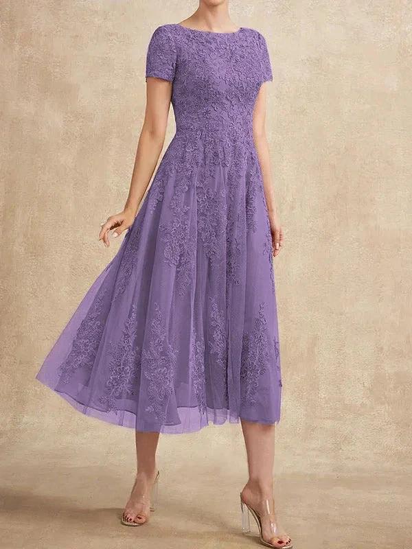 A-line Scoop Tea-Length Tulle Lace Mother of the Bride Dress - Image 31