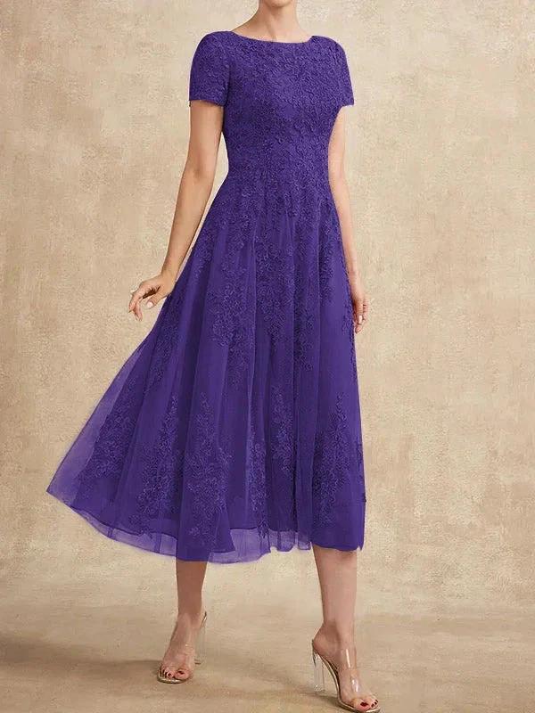 A-line Scoop Tea-Length Tulle Lace Mother of the Bride Dress - Image 32