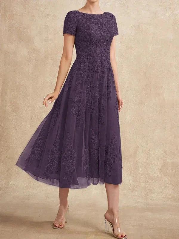 A-line Scoop Tea-Length Tulle Lace Mother of the Bride Dress - Image 33