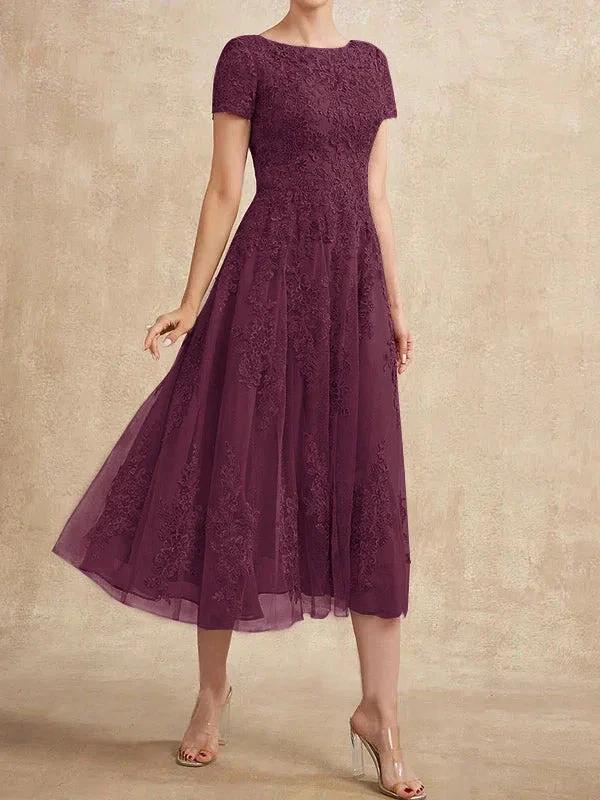 A-line Scoop Tea-Length Tulle Lace Mother of the Bride Dress - Image 34