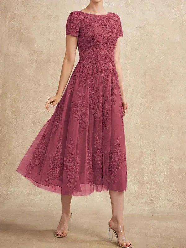 A-line Scoop Tea-Length Tulle Lace Mother of the Bride Dress - Image 36